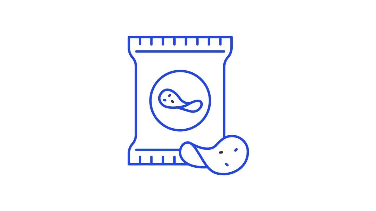 Disegno animato a linea di un sacchetto di patatine e una patatina