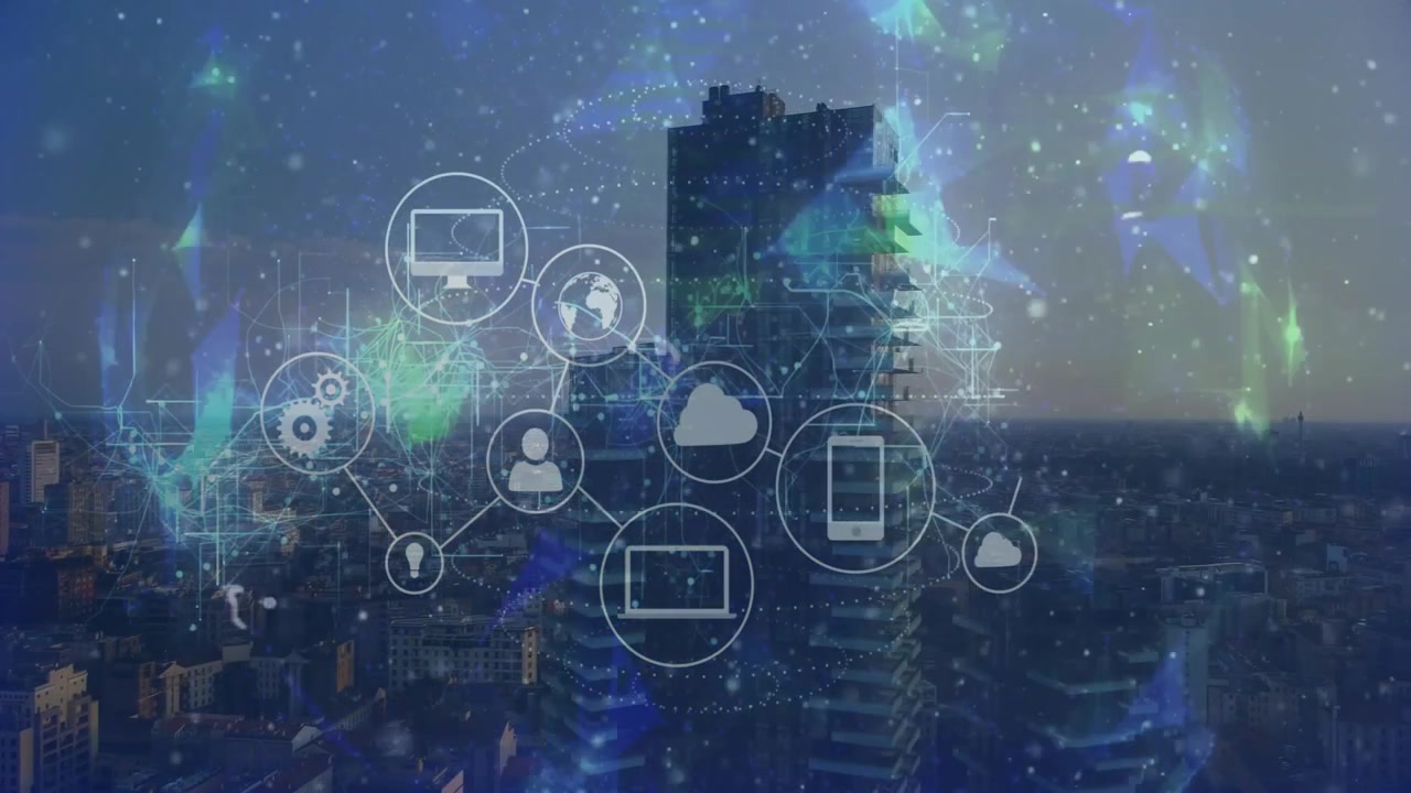 Nuvola a spirale punteggiata che appare generando icone di rete lineari piatte che formano una ragnatela digitale sopra lo skyline.