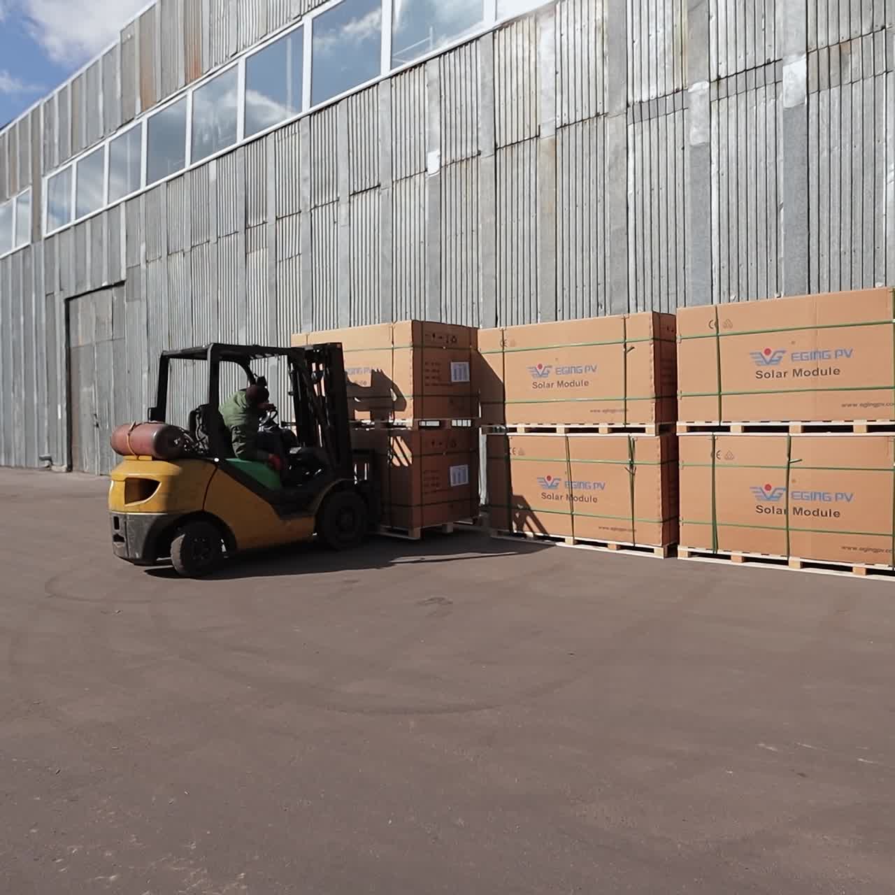 Loader working on the factory. Industrial storage forklift distribution