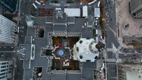 Top-down-aerial-of-urban-city-skyscrapers-and-government-office-building