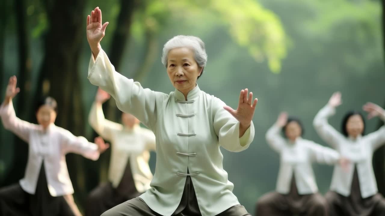 A serene video scene of elderly women practicing Tai Chi in a forest