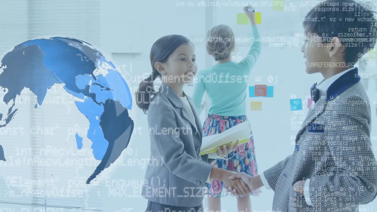 지구와 데이터가 움직이는 학교 학생들이 손을 흔들고 있습니다.