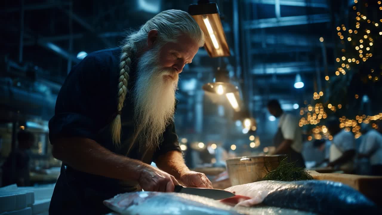 An Experienced Chef Skillfully Prepares Fresh Seafood at a Vibrant Market, Showcasing Culinary Mastery and Passion Under Soft Ambient Lighting and Festive Decor