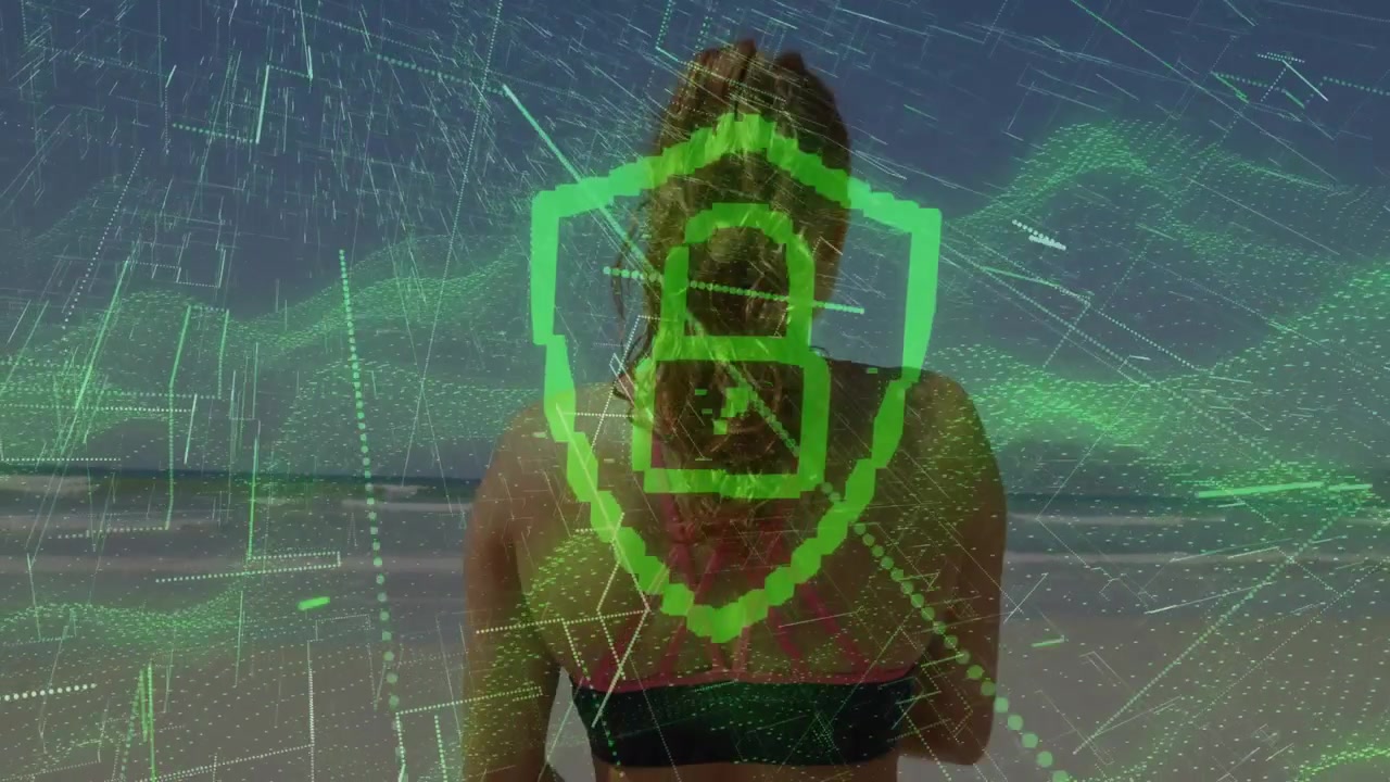 Adult female stretching on shore with green waveforms initiating data grids ensuring data security