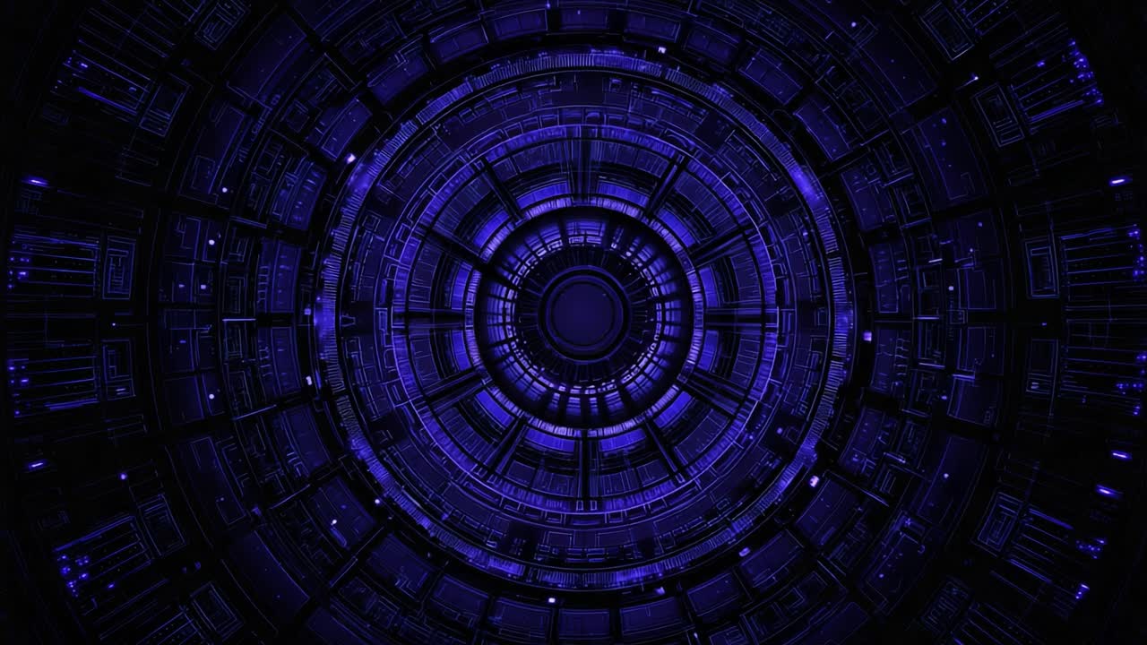 A captivating view into a futuristic circular structure illuminated in vibrant shades of purple and blue, showcasing advanced technological designs and intricate patterns