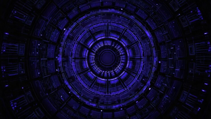 A captivating view into a futuristic circular structure illuminated in vibrant shades of purple and blue, showcasing advanced technological designs and intricate patterns