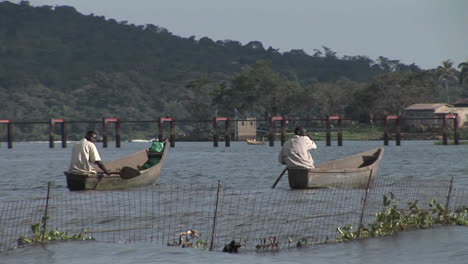 mediumshot of fishermen rowing their boats on lake victoria uganda