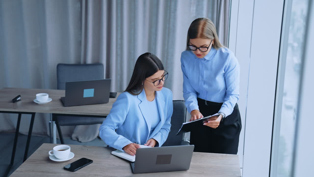 Female teammates communicating looking at documents. Ladies cooperating at work, using computer. High angle view.