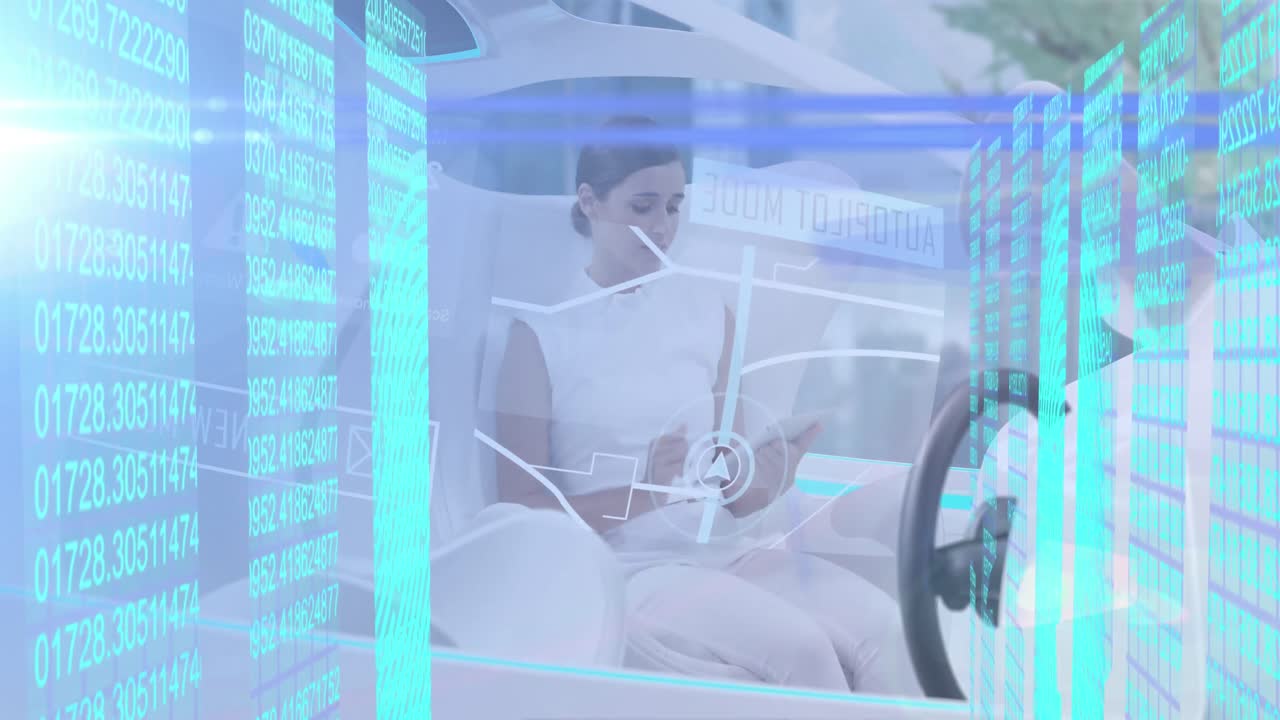 자율주행 자동차에 있는 여성에 대한 생체인식 지문과 데이터 처리의 애니메이션