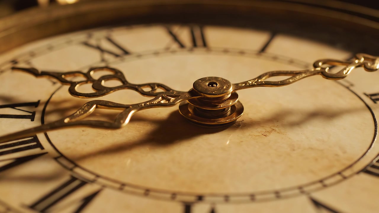 Close-up of vintage gold clock face with roman numerals