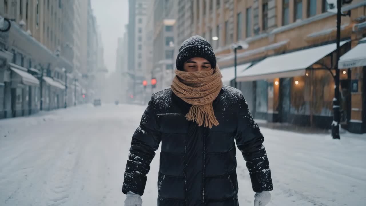 Man in Snowy City Street