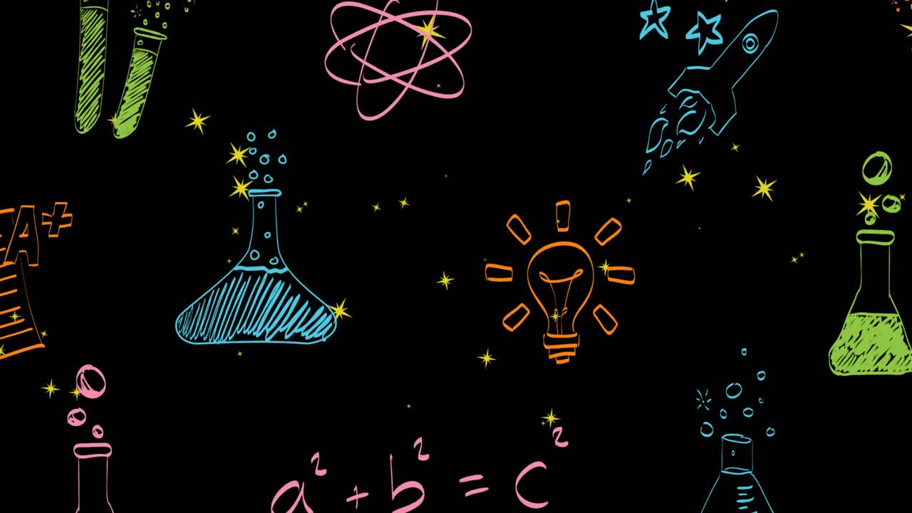 검은색 배경의 별 위에 과학 아이콘의 애니메이션