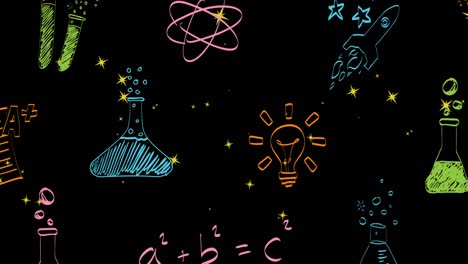 animación de iconos científicos sobre estrellas en fondo negro