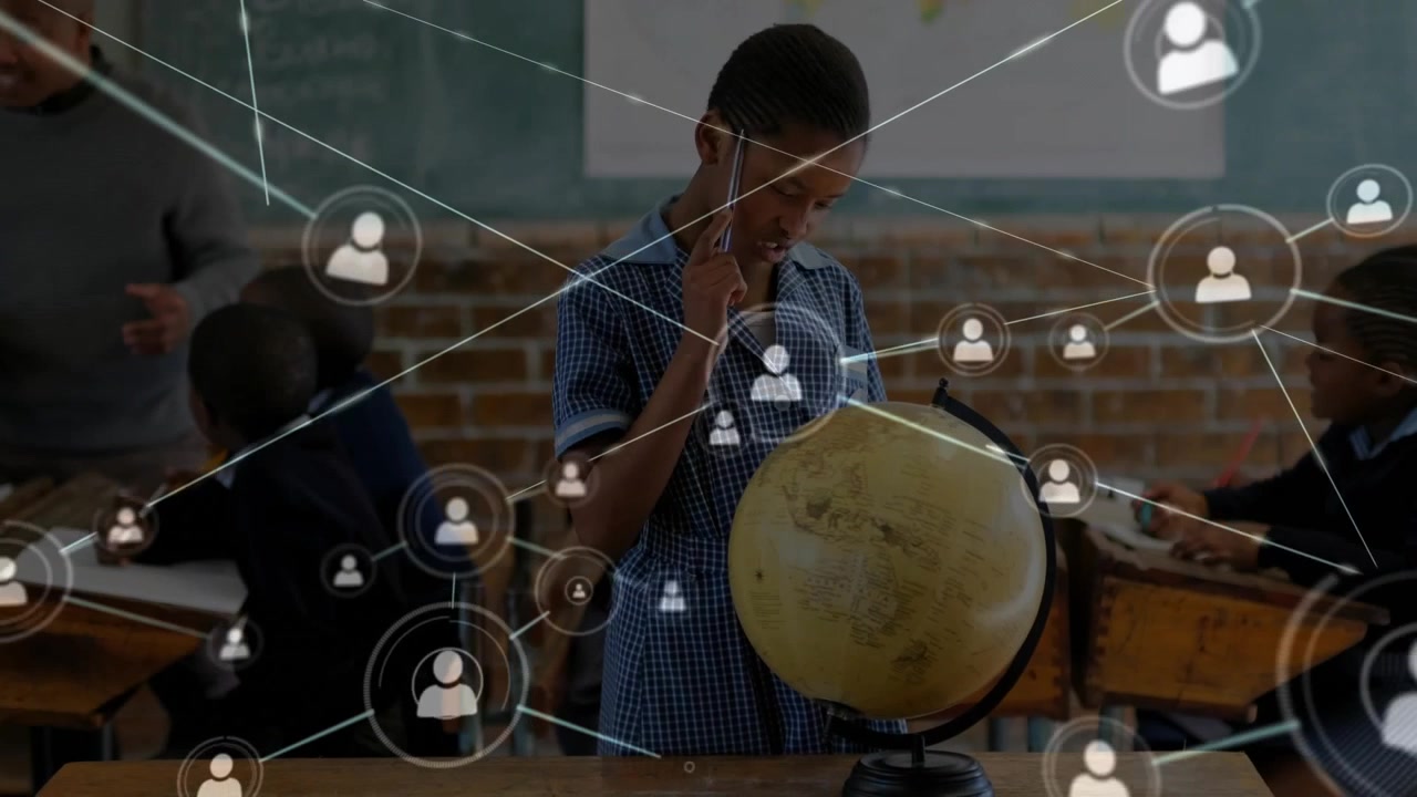 Estudante Examinando Globo em Sala de Aula com Sobreposição de Rede Digital