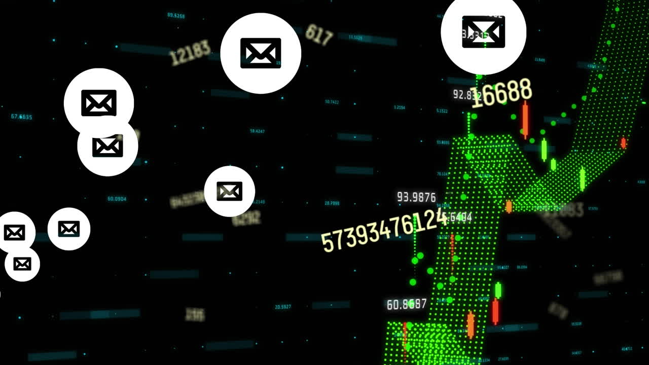 검은색 배경의 통계 데이터 처리에 대한 여러 메시지 아이콘과 변경되는 숫자