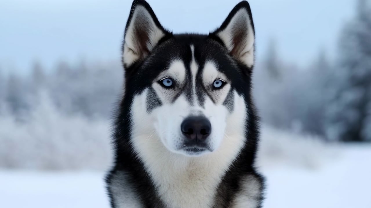 Frontal husky portrait with one blue eye closed in subtle wink or blink, standing in soft snowy outdoor setting with blurred winter trees, pale sky, cool tones, shallow depth, premium animal mood