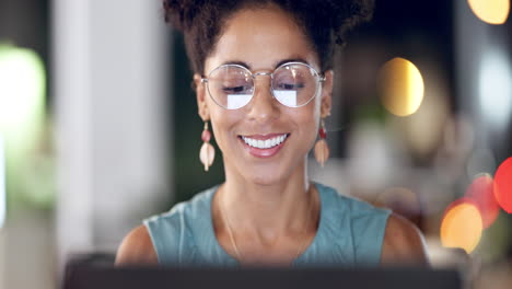 Face,-laptop-and-woman-in-office-at-night