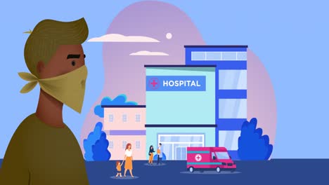 Animation-Von-Männern-Mit-Gesichtsmaske-über-Dem-Krankenhaus