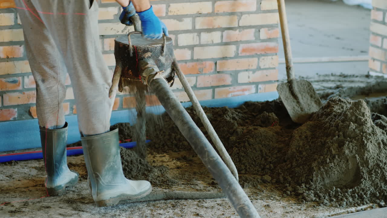 el constructor pone un mortero semiseco para terminar el piso