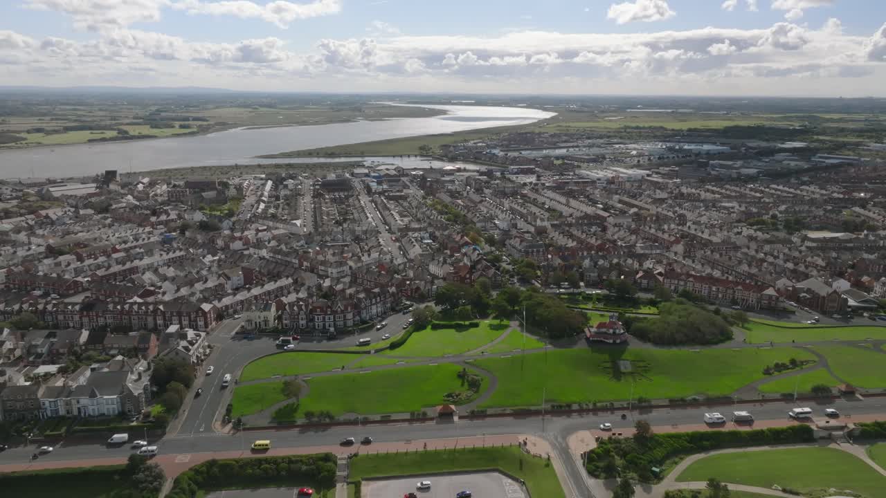 Fleetwood Town Urban Landscape Next To River Wyre With Mount Pavilion Gardens. Lancashire, UK