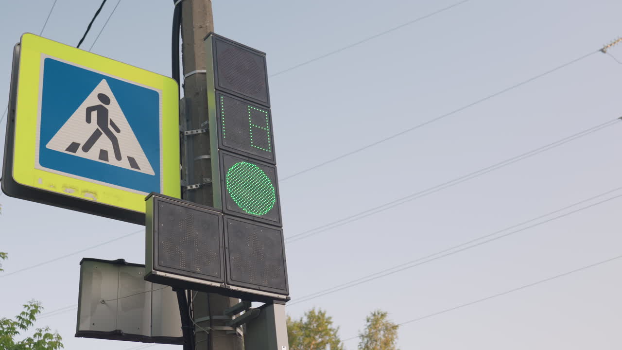 Pedestrian Crossing Sign With Steady Green Light, LED Circle Glowing, Pole Mounted Display, Clear Sky, Overhead Wires, Suburban Roadside, Calm Urban Flow, Safe Passage Vibe, Daytime Visibility, Civic