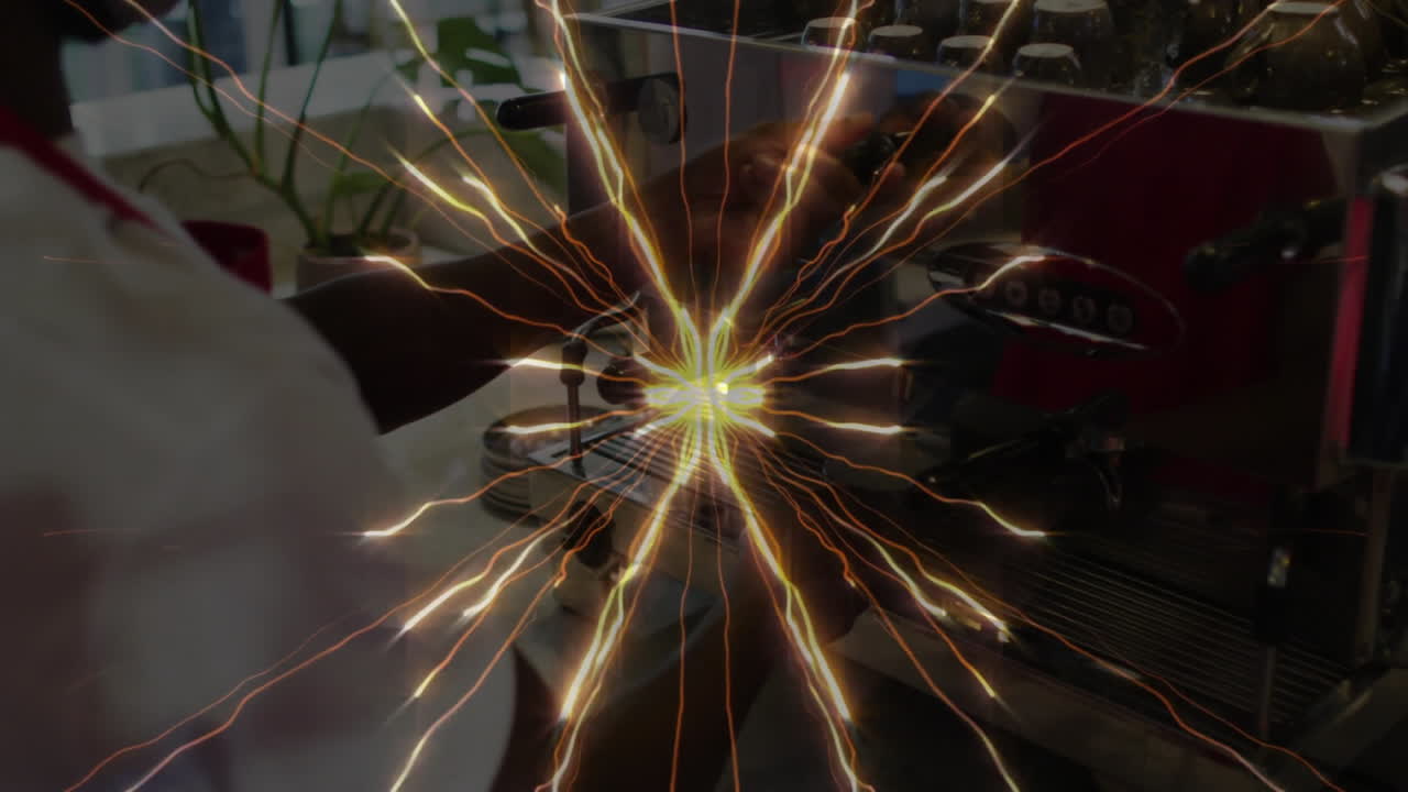 Barista operating espresso machine behind counter, with animated golden rays showing business tech