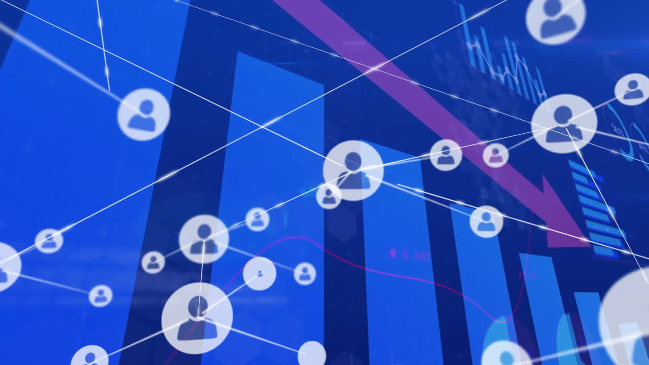 Animazione di una rete di connessioni con icone su statistiche con freccia
