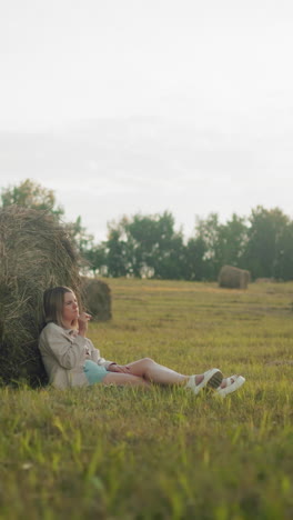 joven sentada en el suelo con las piernas cruzadas pensativamente, descansando contra una gran bala de heno en tierras de cultivo abiertas, un entorno rural pacífico con balas de heno esparcidas, una suave luz vespertina
