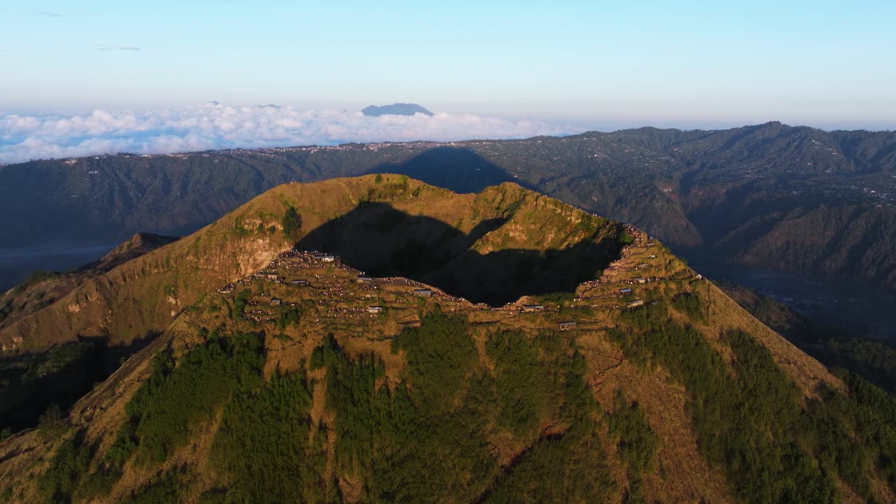 Aerial View of Mount Batur Sunrise with Crowds of People