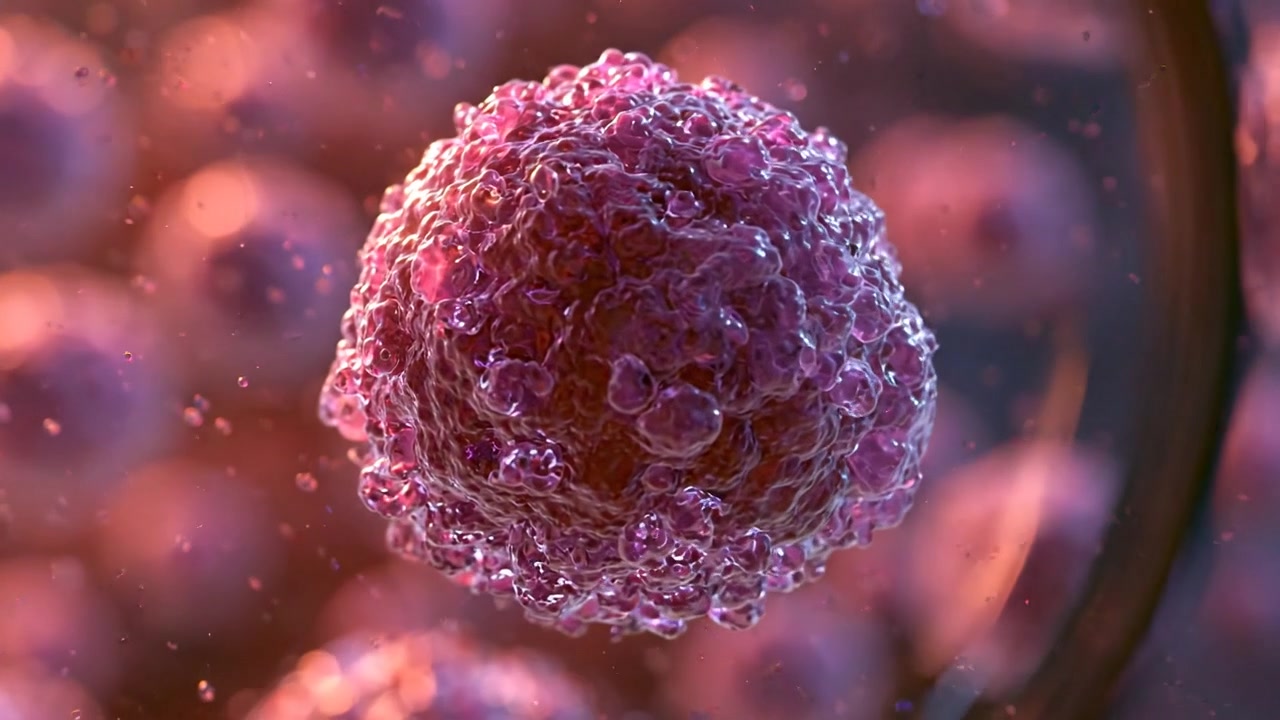 Células biológicas microscópicas rosadas flotando en un entorno fluido suave