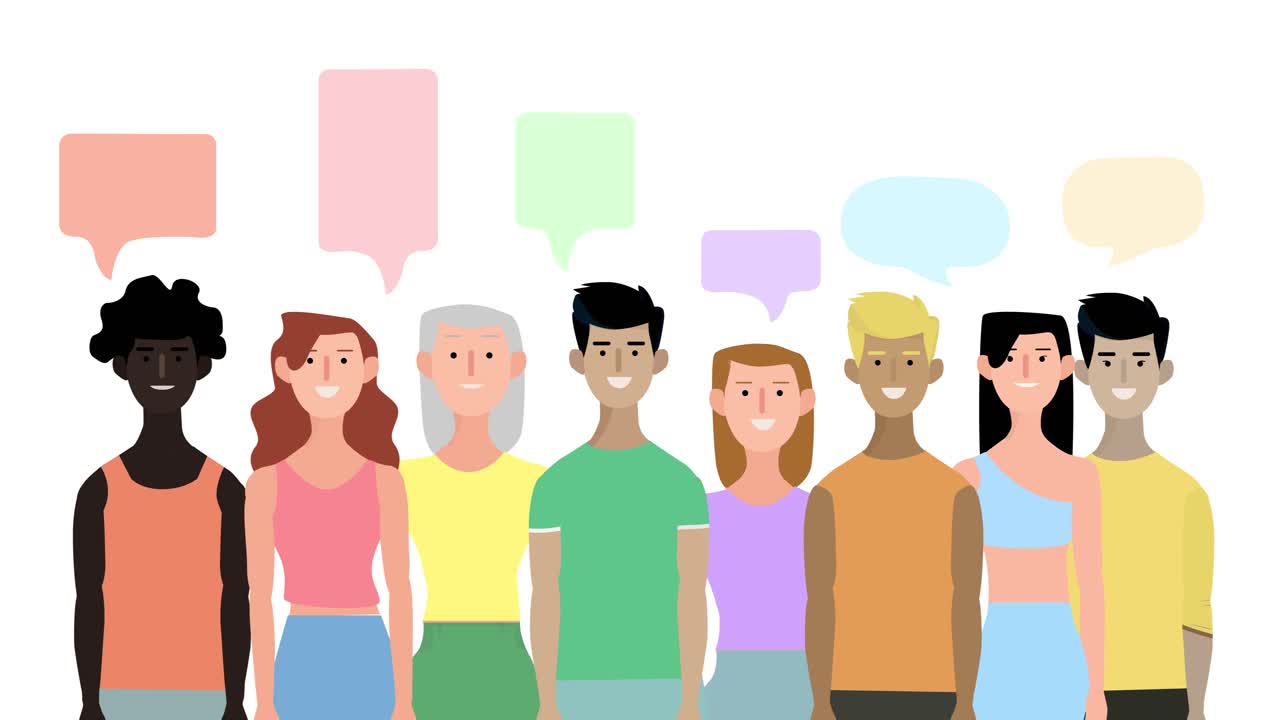 Animation of a multiethnic people talking with a dialogue box