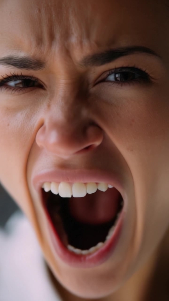 Intense Expression of Anger and Frustration Captured in Two Frames Showing a Woman Shouting with Passionate Emotion and Striking Facial Details