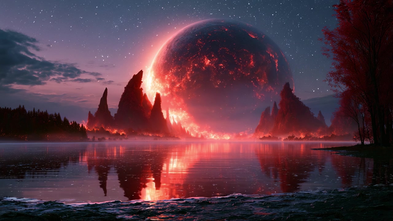 A breathtaking cosmic landscape depicting an enormous fiery planet looming over tranquil waters, framed by rugged mountains and glittering stars in a vibrant twilight sky.