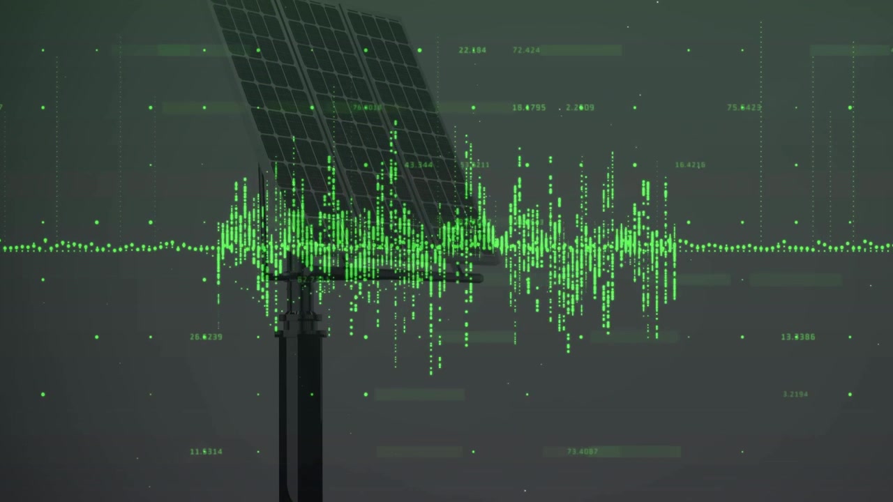 Solar panel on pole staying static, data feed building green waveform and power monitoring