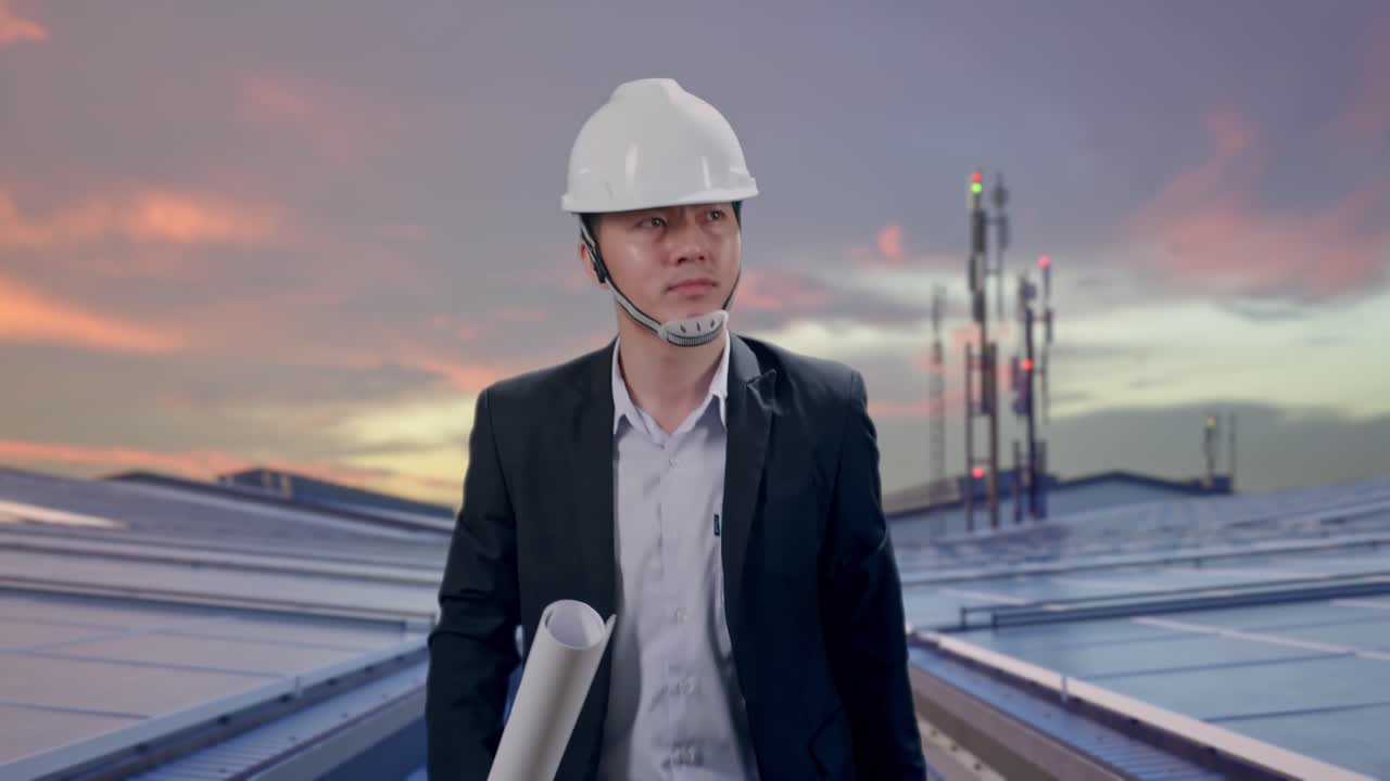 Frontalvisning af asiatisk forretningsmand, der holder en byggeplan, mens han går ved industrielle solpaneler på taget.