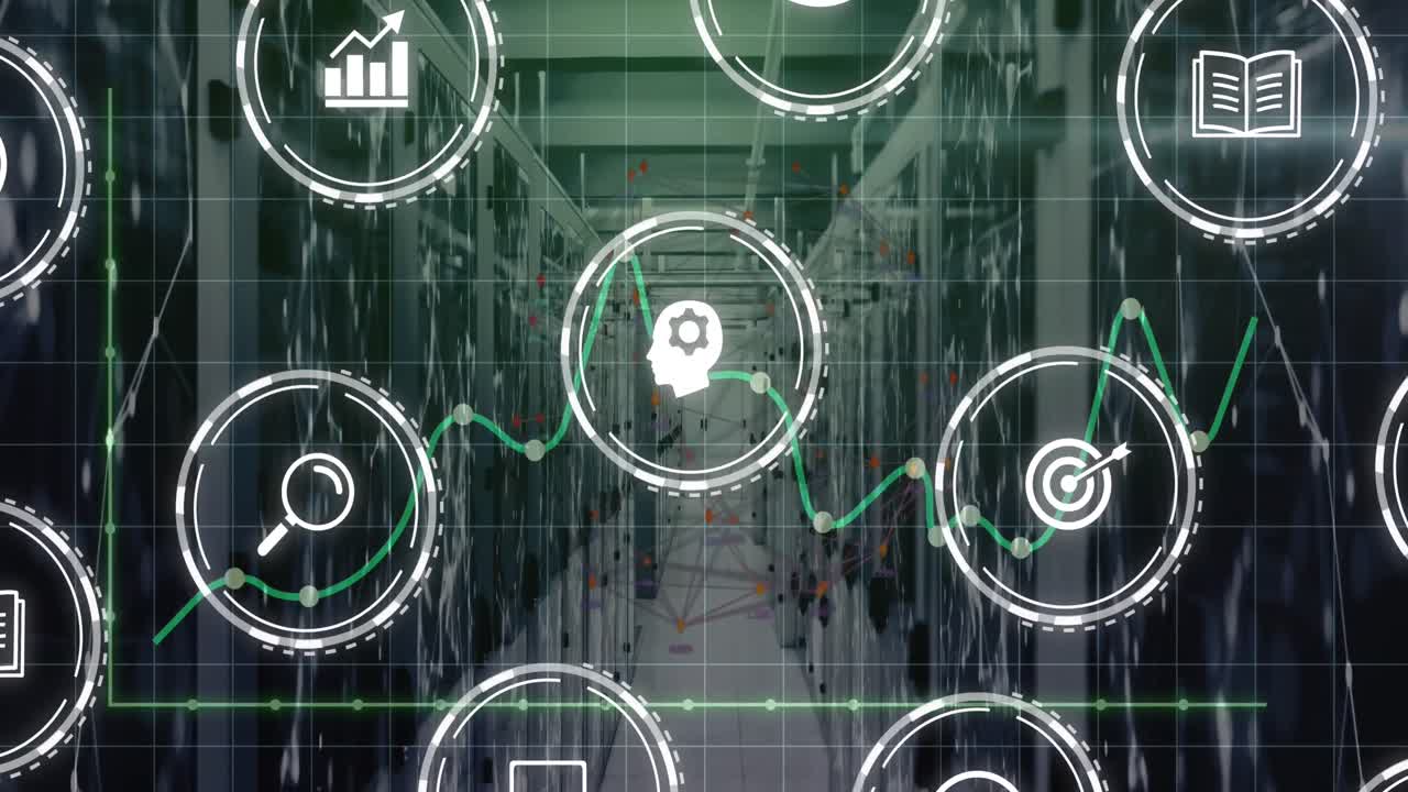 animación de iconos y procesamiento de datos financieros a través de servidores de red y computadoras.