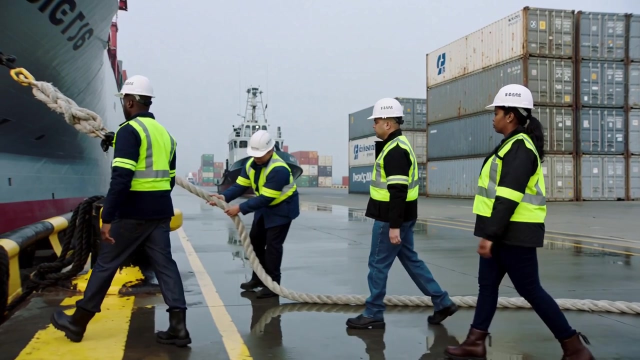 Walking toward bollard, crew in hard hats and vests pulling rope on quay to secure ship
