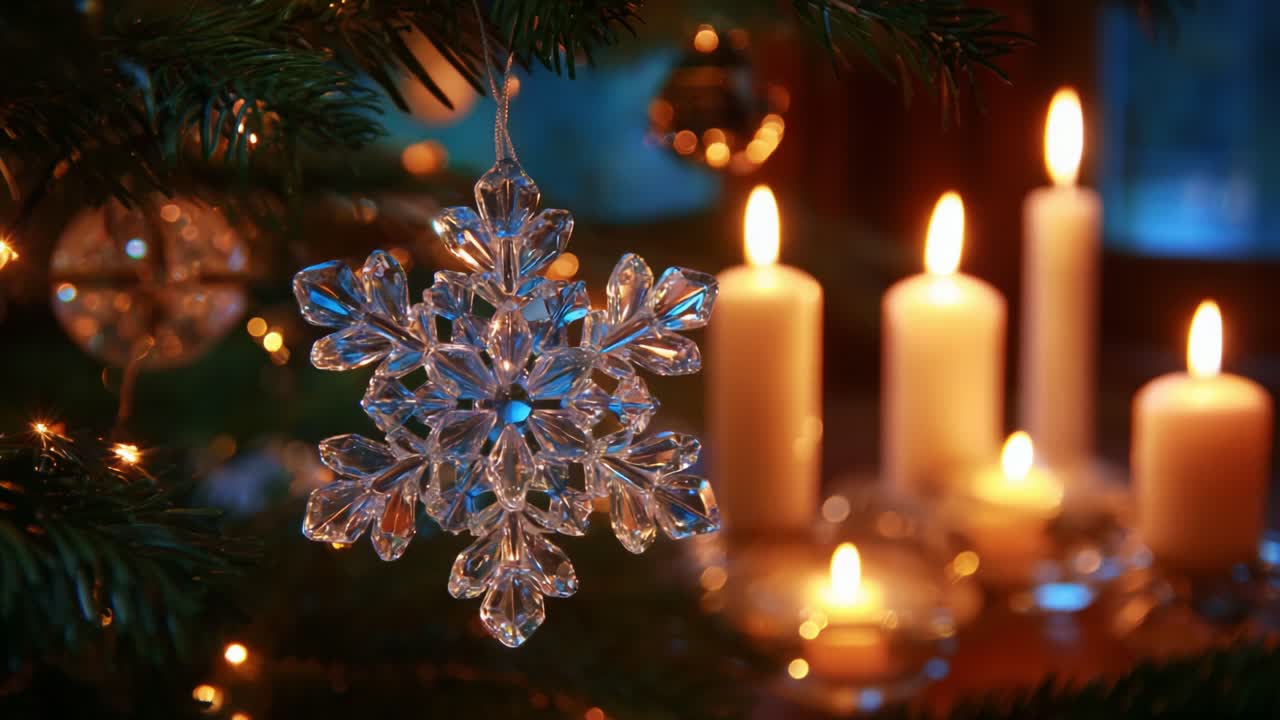 A Beautifully Crafted Crystal Snowflake Ornament Hanging Elegantly from a Pine Tree Branch, Surrounded by Warm Candlelight, Creating an Enchanting Holiday Atmosphere Perfect for Celebrating the Season