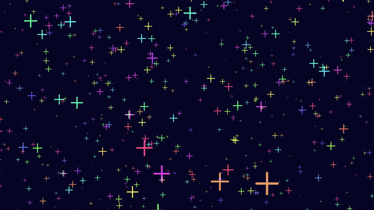 cruces de neón abstractas volando al azar en la galaxia oscura