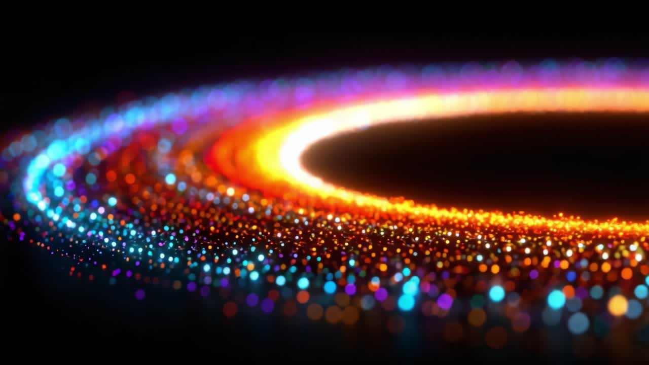Uno straordinario display di motivi luminosi colorati: un viaggio attraverso vortici vibranti di particelle scintillanti e gradienti dinamici in movimento