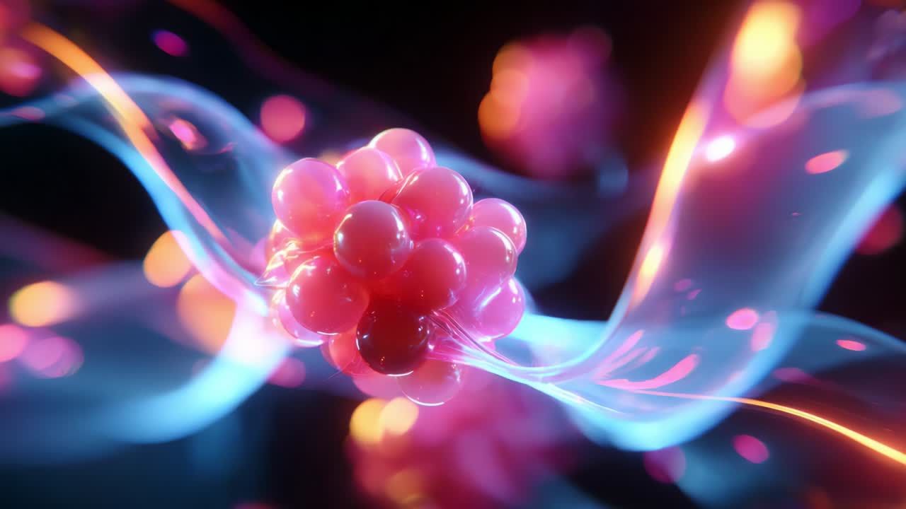 An Abstract Representation of Atomic Structures: Vibrant Particles Intertwined in a Colorful Wave, Illustrating the Intricacies of Matter and Energy in a Dynamic Visual Experience