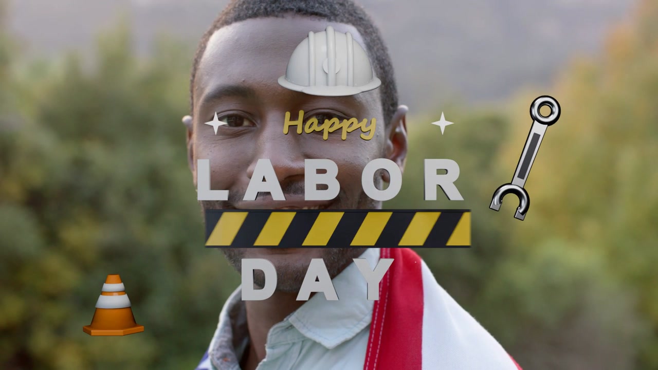 Homme face à la caméra portant un casque drapeau américain, des lettres apparaissent au-dessus de sa tête formant "HAPPY LABOR DAY".