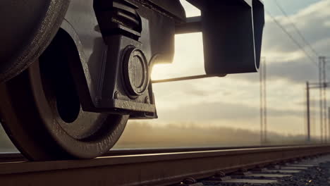 train wheel on tracks at sunset