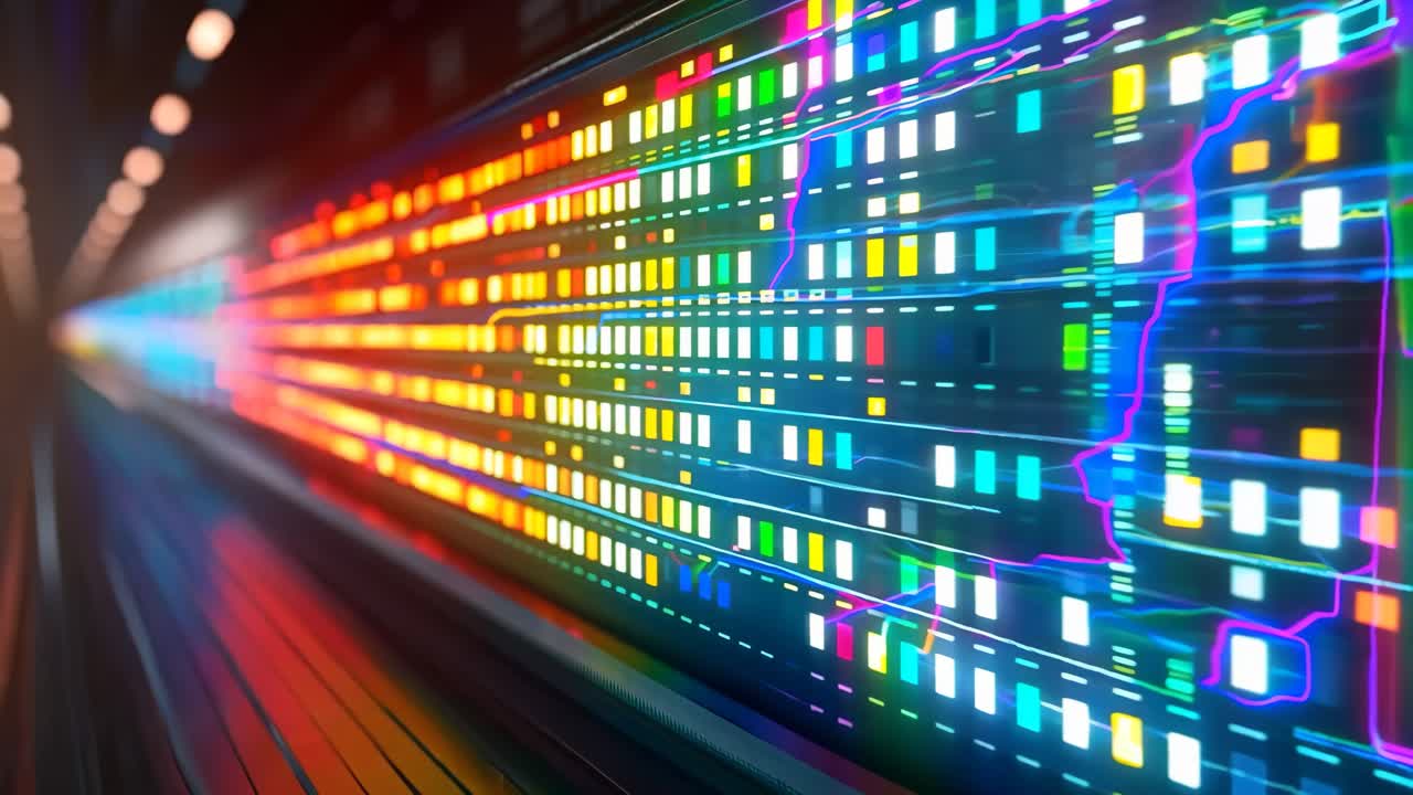 A colorful display of lights that are arranged in a row. The lights are of different colors and are arranged in a way that they create a sense of movement. Concept of energy and excitement