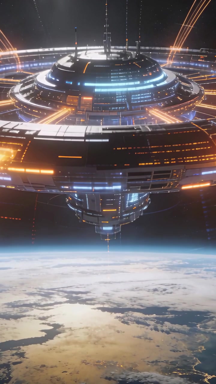 Video verticale: Stazione pulsante che ruota sopra un pianeta, rivelando portelli di attracco e scie luminose.