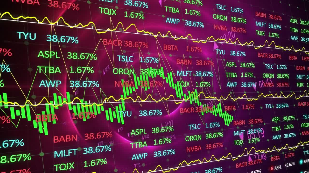 Animazione di più grafici e di una piattaforma di trading su un motivo circolare illuminato