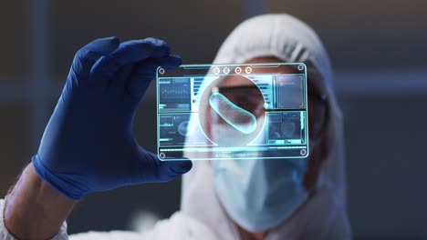 animation of scientist holding interactive screen with medical data processing