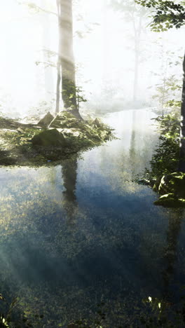 sunlight filtering through trees above a tranquil forest pond at dawn