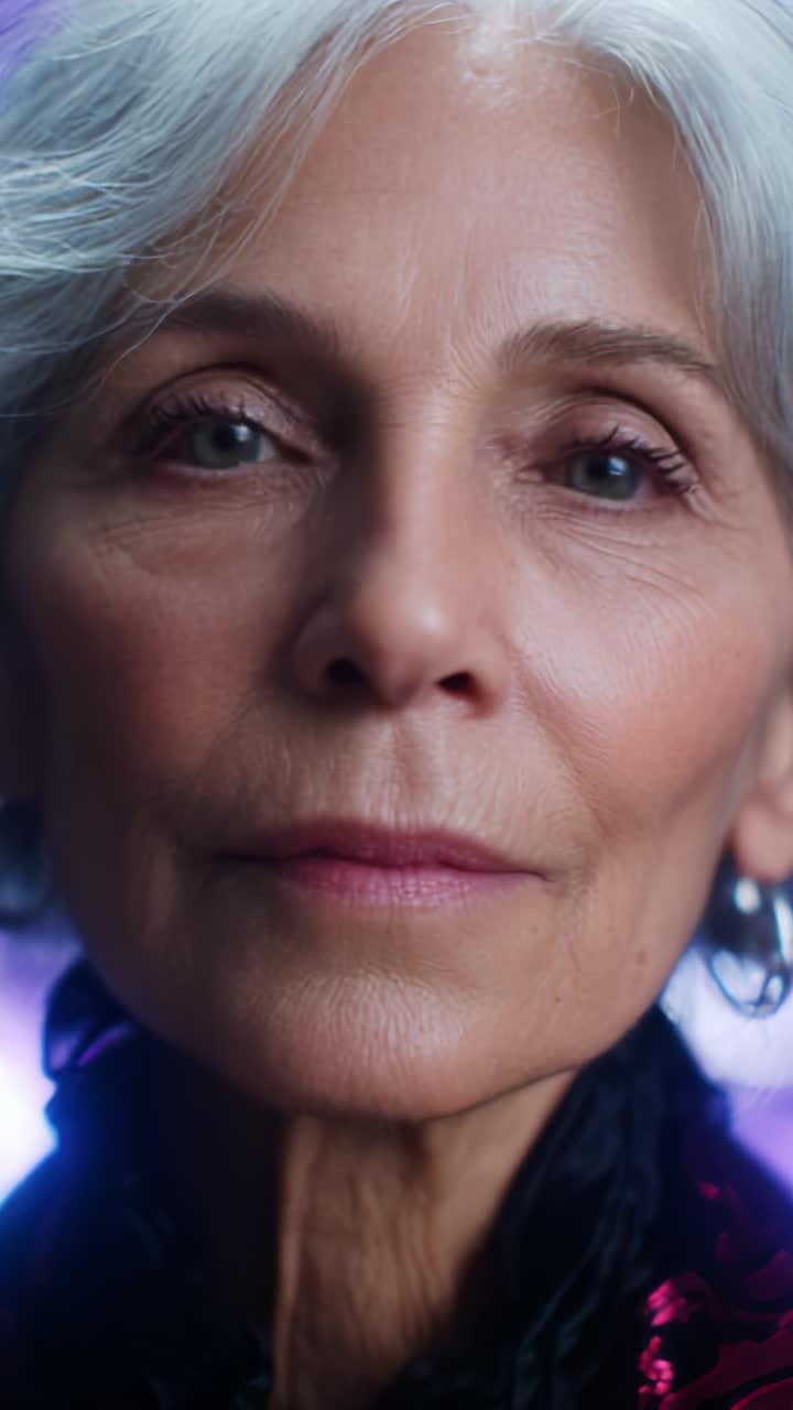A portrait of a calm and reflective elderly woman showcasing her natural beauty and grace against a softly lit backdrop, highlighting her unique character and wisdom