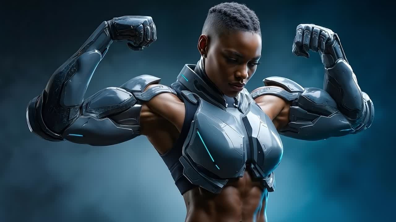 A woman in a futuristic suit flexing her biceps